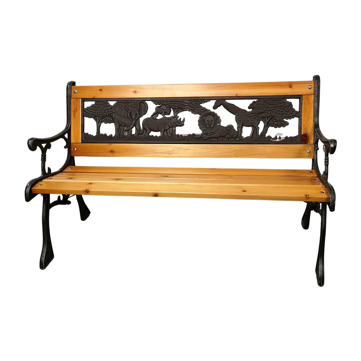 2 Seater Wooden and Cast Iron Children Bench with Animal Design - Brown – image 1