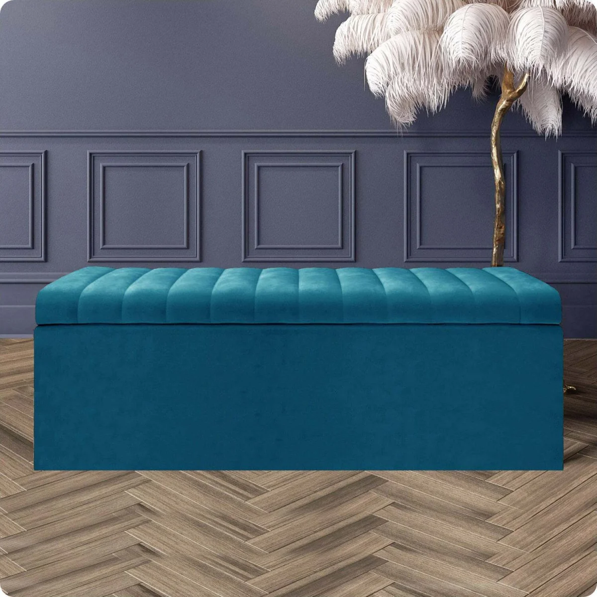 Safar Ottoman Storage Box, Plush Velvet Striped Upholstered Blanket Chest, End of Bed Bench - Burnt Orange Plush Velvet – image 2
