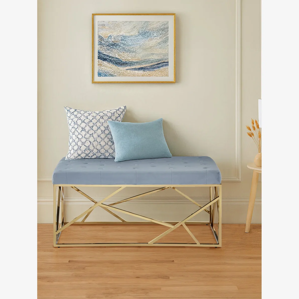 Allure Gold And Powder Blue Velvet Bench - Blue – image 1