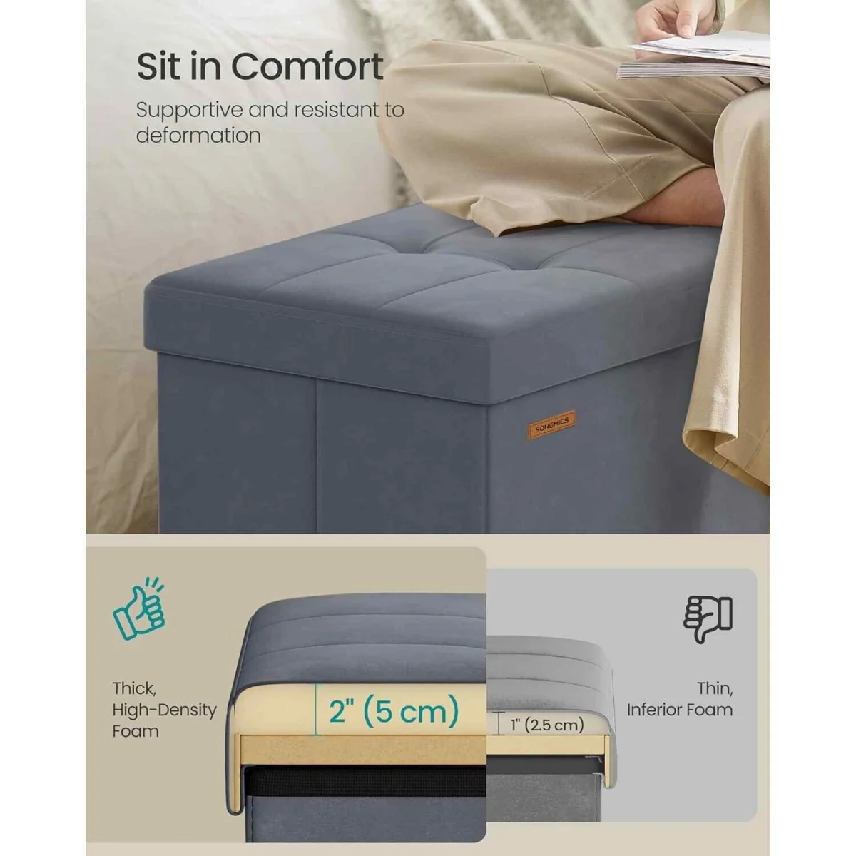 Foldable Velvet Storage Ottoman Bench with Flip Lid, Slate Grey - Slate Grey – image 4