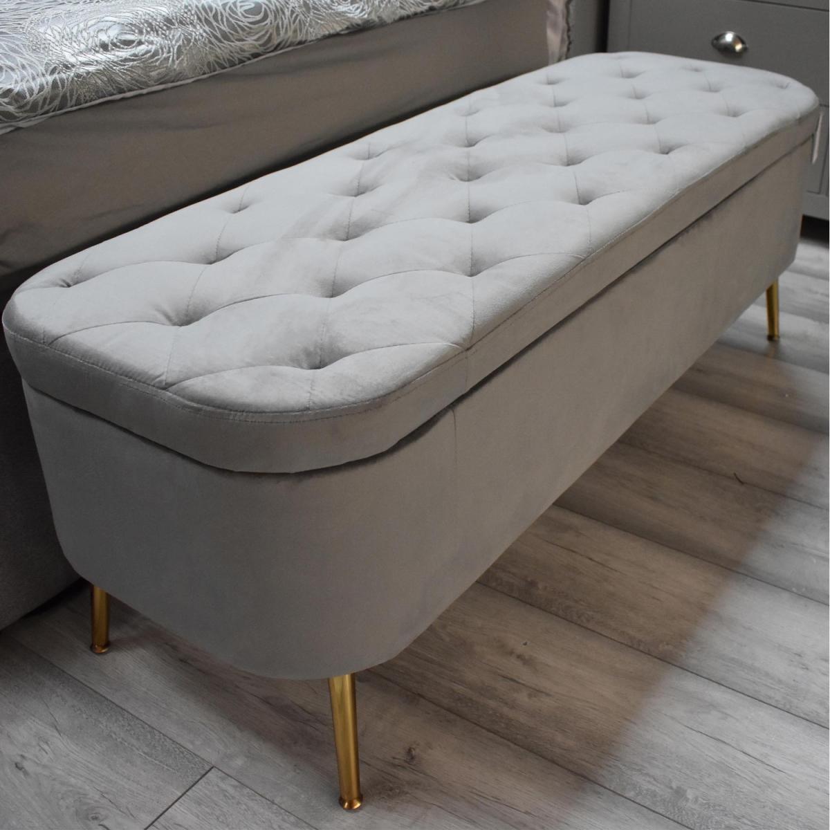 Grey Velvet Ottoman Storage Bench With Brass Style Legs - Grey – image 2