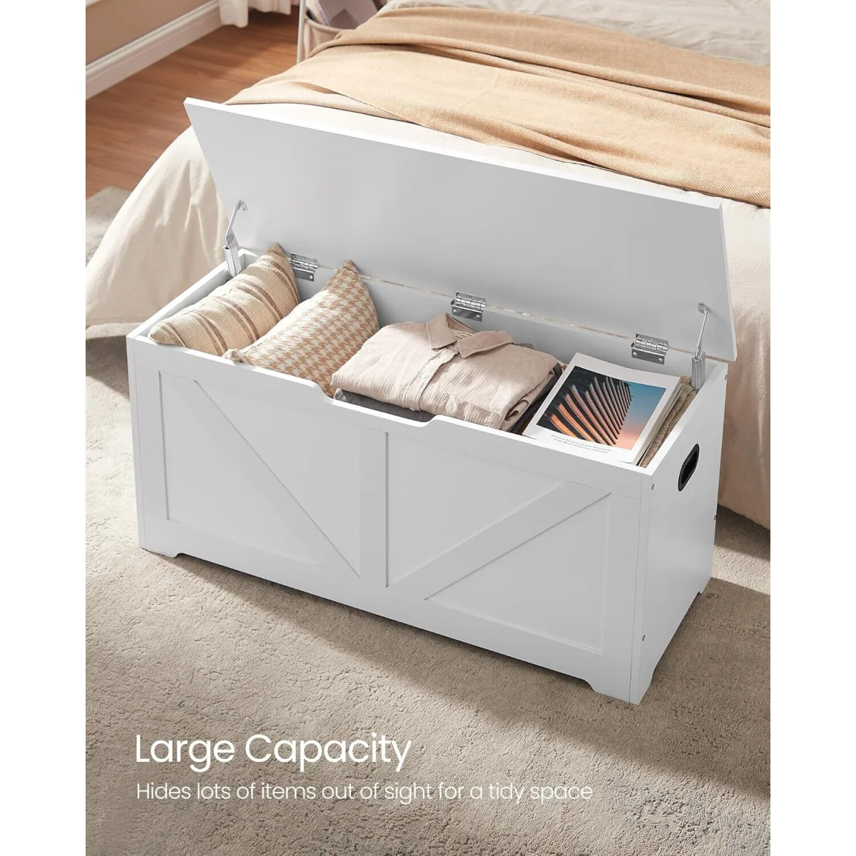 Storage Bench with Lift-Up Lid and Safety Hinges, Multi-Purpose Blanket and Shoe Storage Seat - Cloud White – image 5