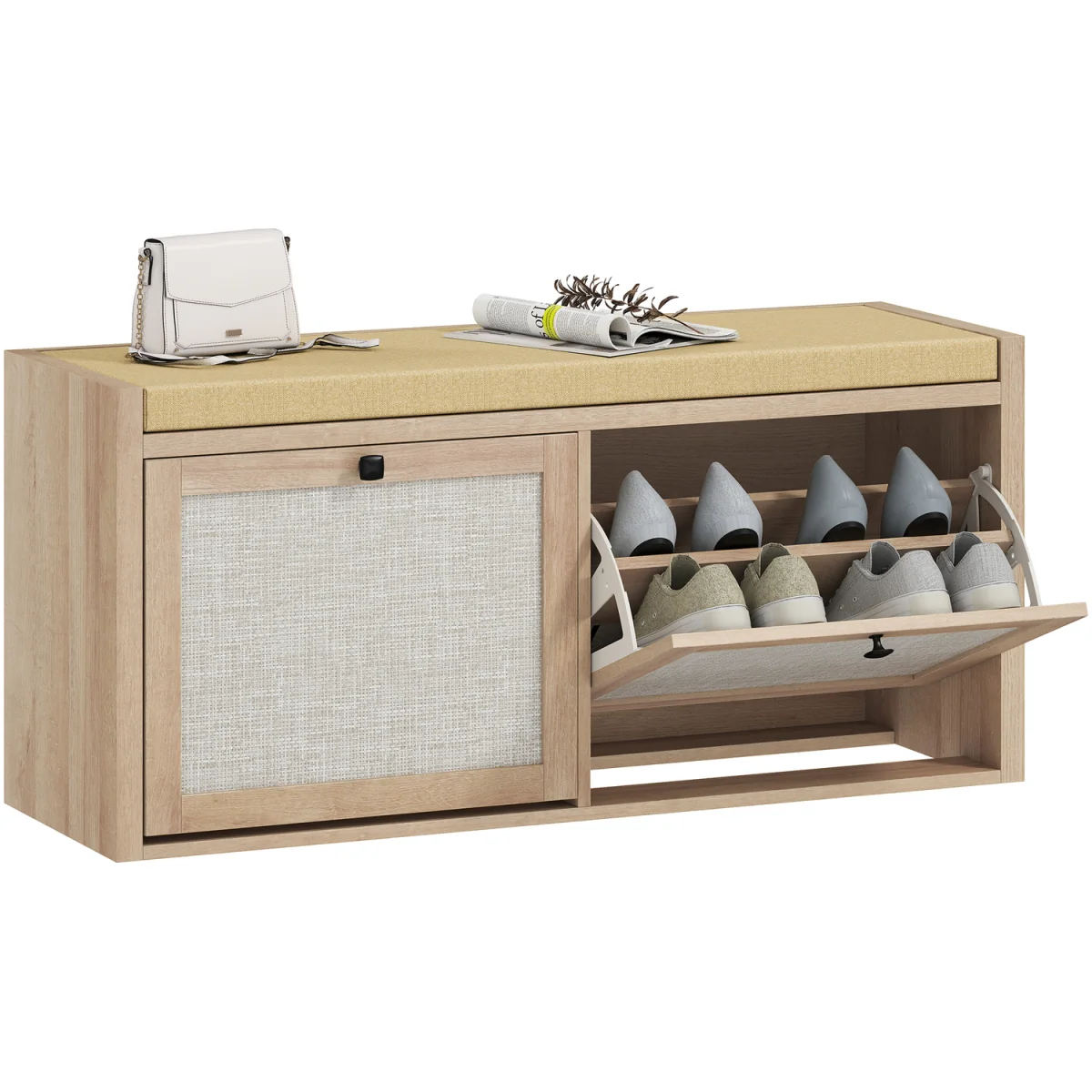 HOMCOM Rattan Shoe Bench with Padded Cushion and 2 Cabinets - Oak Wood Effect – image 2