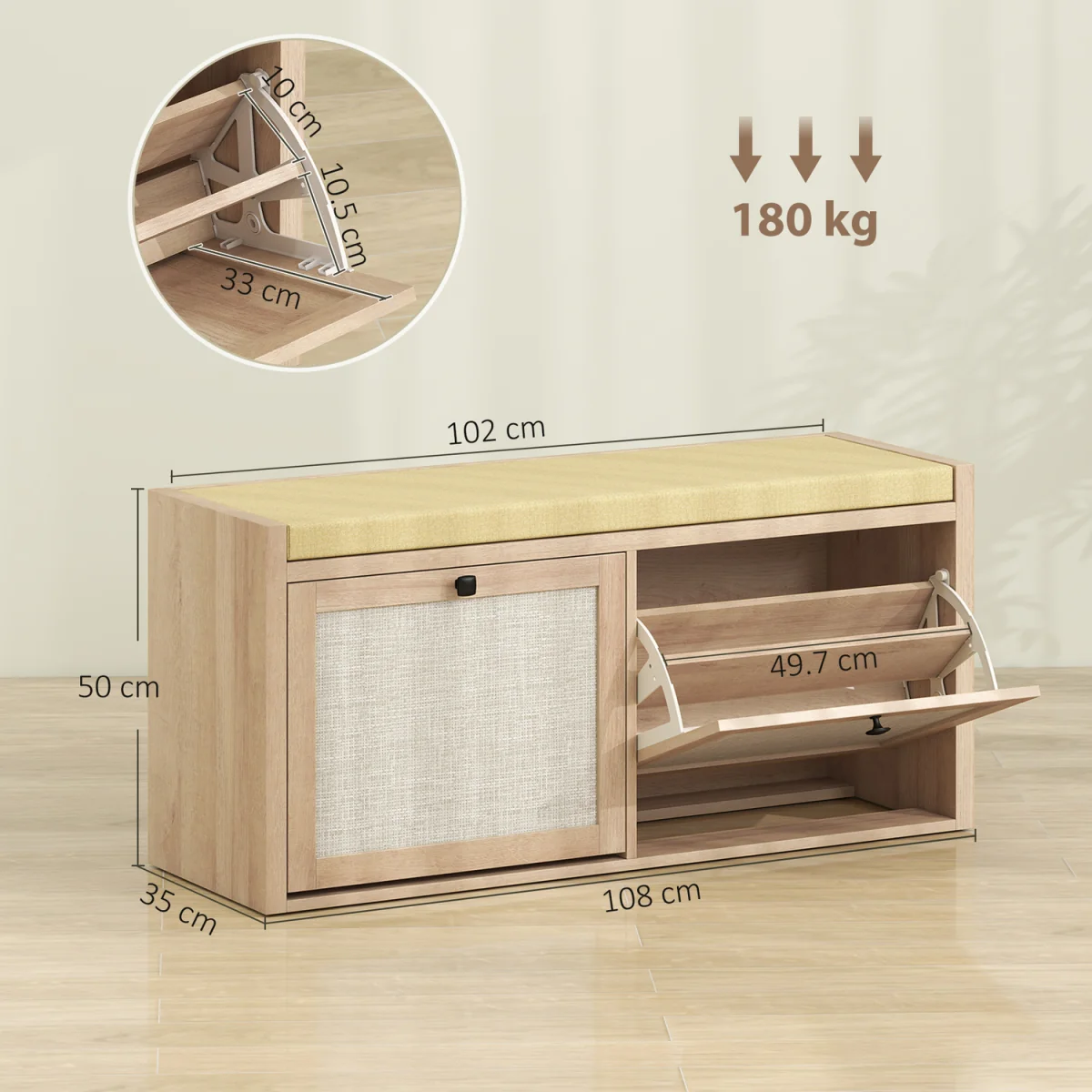 HOMCOM Rattan Shoe Bench with Padded Cushion and 2 Cabinets - Oak Wood Effect – image 3