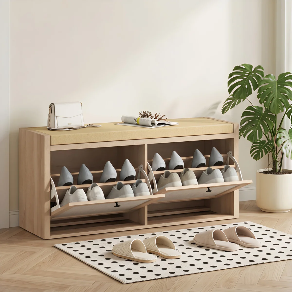 HOMCOM Rattan Shoe Bench with Padded Cushion and 2 Cabinets - Oak Wood Effect – image 7
