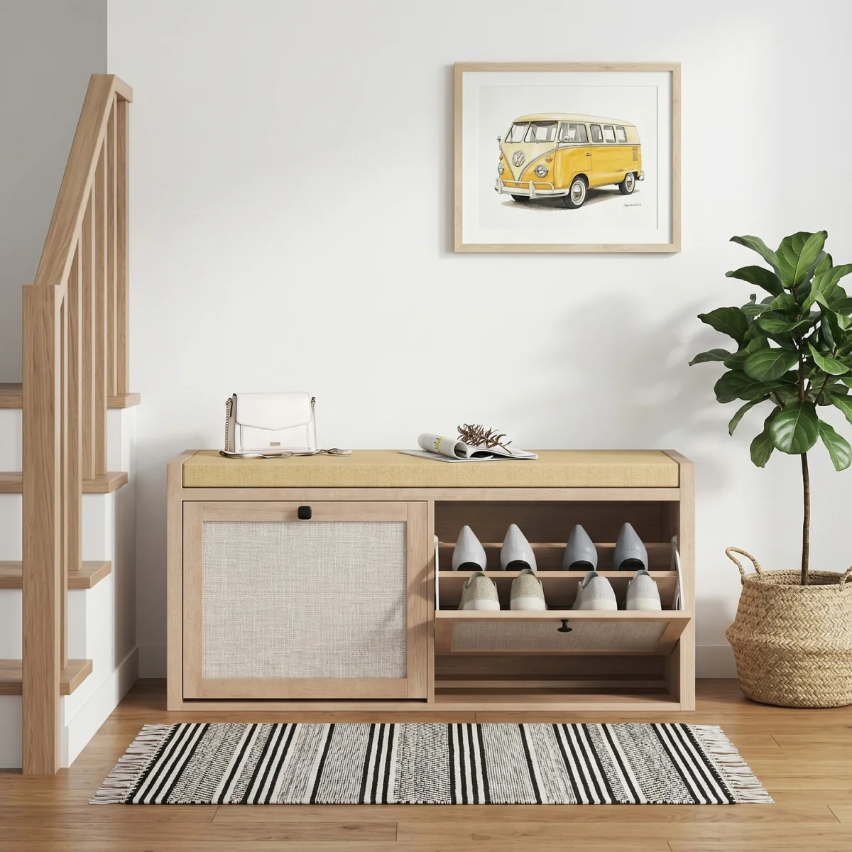 HOMCOM Rattan Shoe Bench with Padded Cushion and 2 Cabinets - Oak Wood Effect – image 8