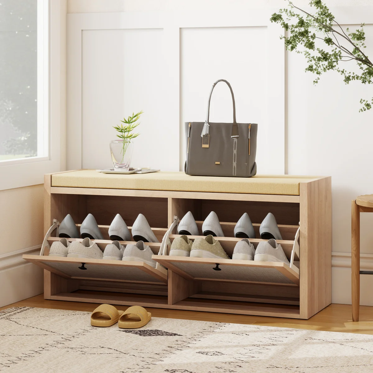 HOMCOM Rattan Shoe Bench with Padded Cushion and 2 Cabinets - Oak Wood Effect – image 1