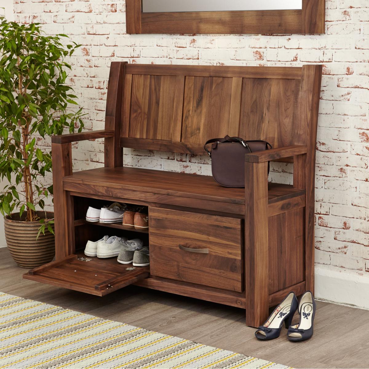 Mayan Walnut Monks Bench with Shoe Storage - Walnut