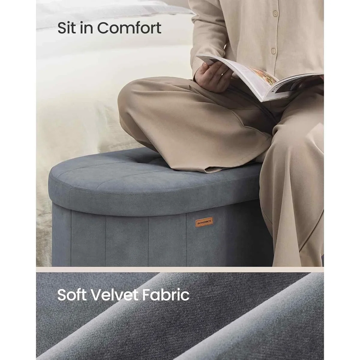 Velvet Storage Bench with Hidden Storage, Slate Grey. - Slate Grey – image 5