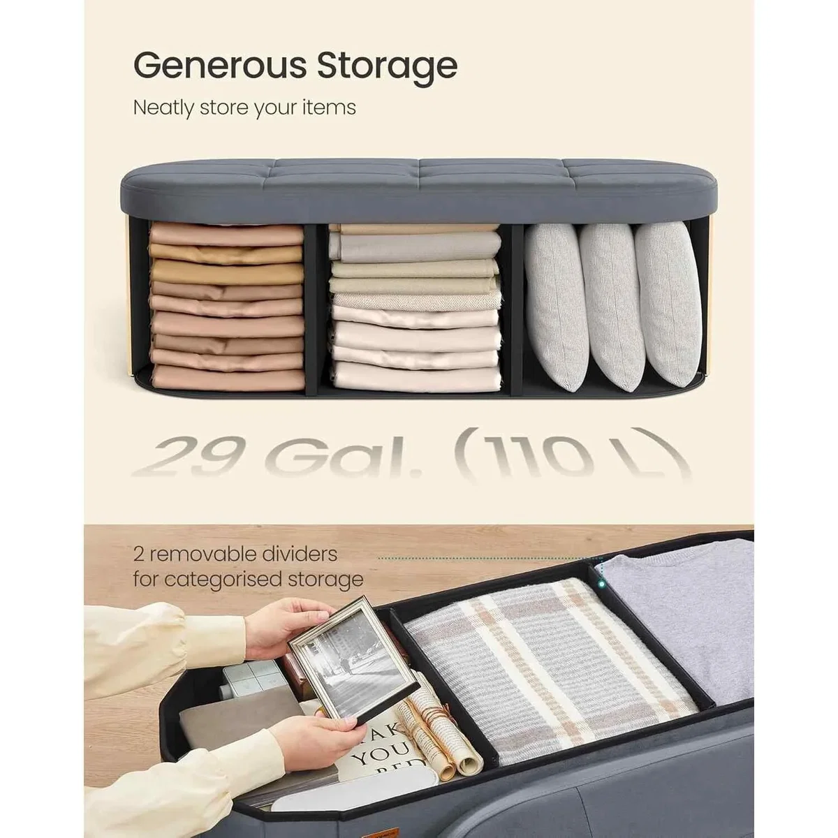 Velvet Storage Bench with Hidden Storage, Slate Grey. - Slate Grey – image 7