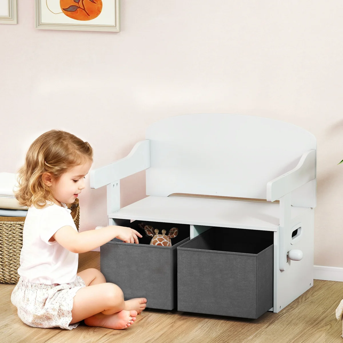 AIYAPLAY 3 in 1 Kids Storage Bench with 2 Removable Fabric Bins - White – image 1