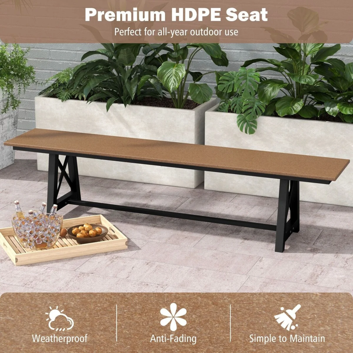 Backless 4-Seater 183cm Patio Bench - Brown – image 6