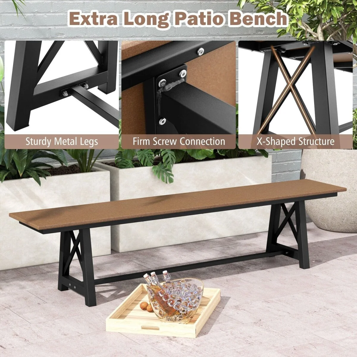 Backless 4-Seater 183cm Patio Bench - Brown – image 9