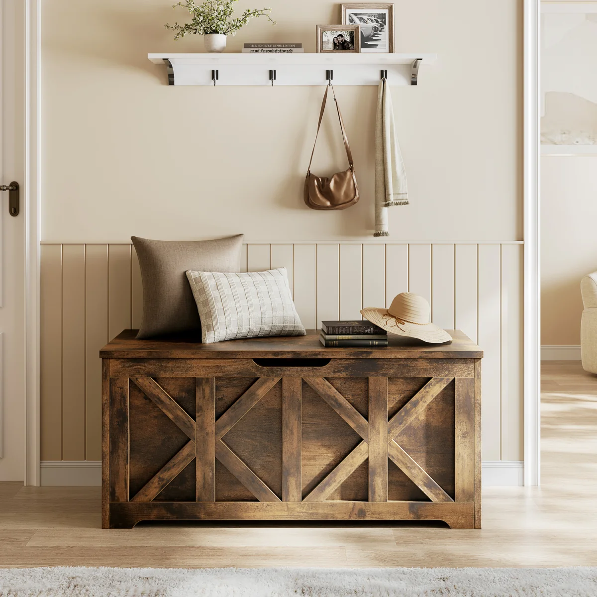 Yaheetech Wooden Storage Bench for Hallway Bedroom - Rustic Brown – image 7
