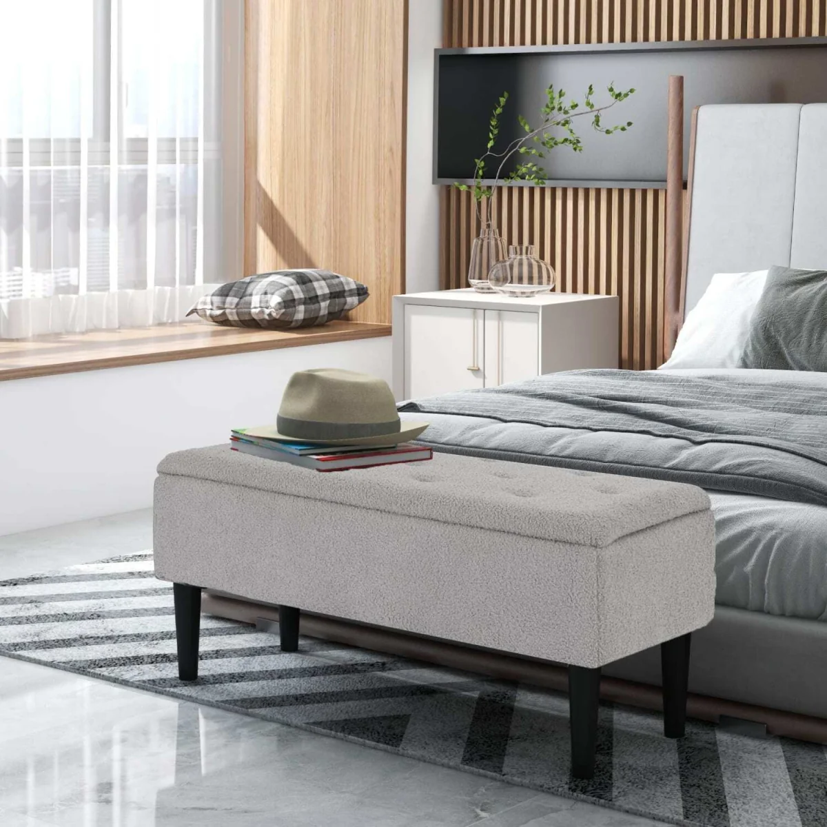 Vemovi Fabric Grey Storage Ottoman Bench With Wooden Legs, 57 Litre – image 4