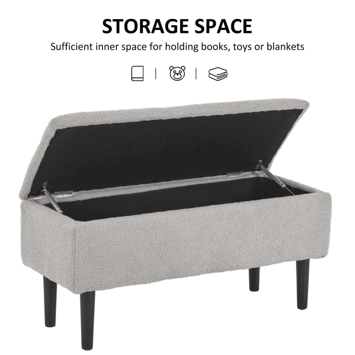 Vemovi Fabric Grey Storage Ottoman Bench With Wooden Legs, 57 Litre – image 6
