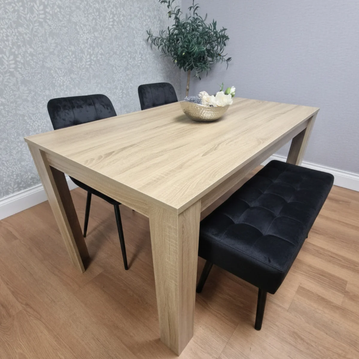 Modern Oak Effect Table with 2 Black Velvet Chairs and a Black Velvet Benche Dining Room Set - Brown – image 1