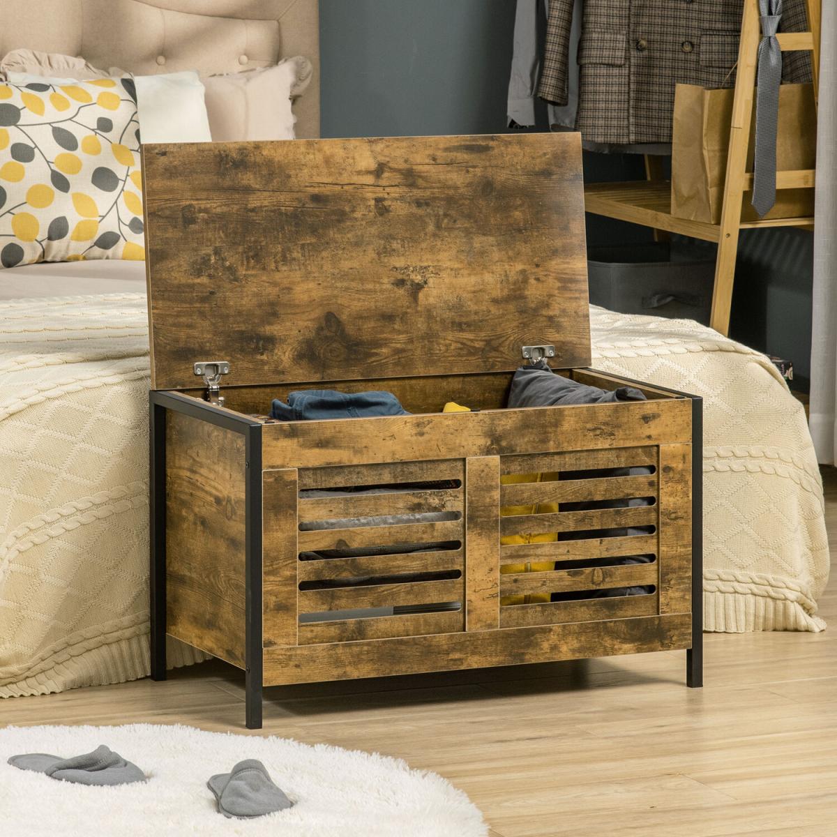 Industrial Storage Bench, Lift Top Storage Chest - Rustic brown – image 2