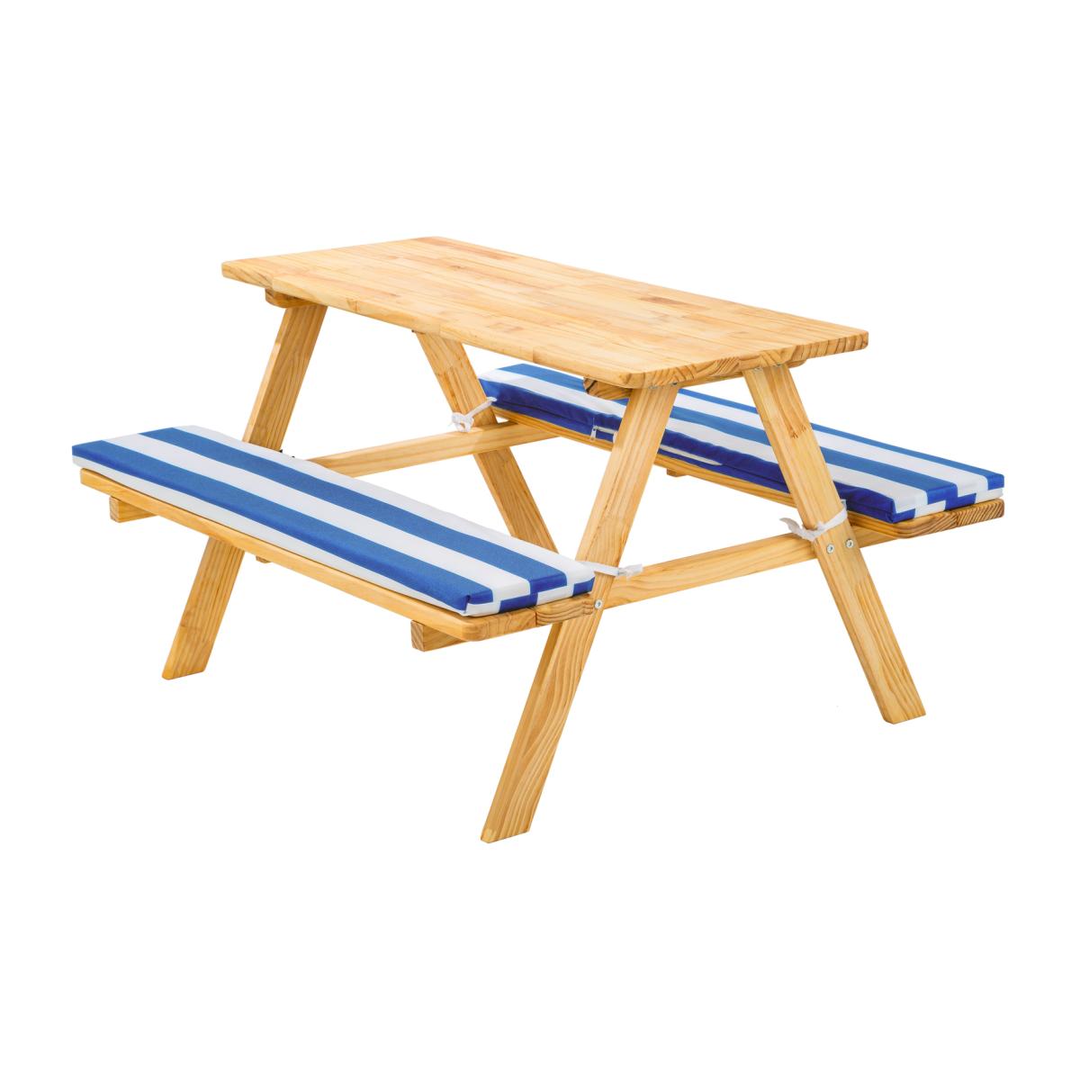 Kids Wooden Picnic Bench With Soft Cushions - Brown,Blue,White