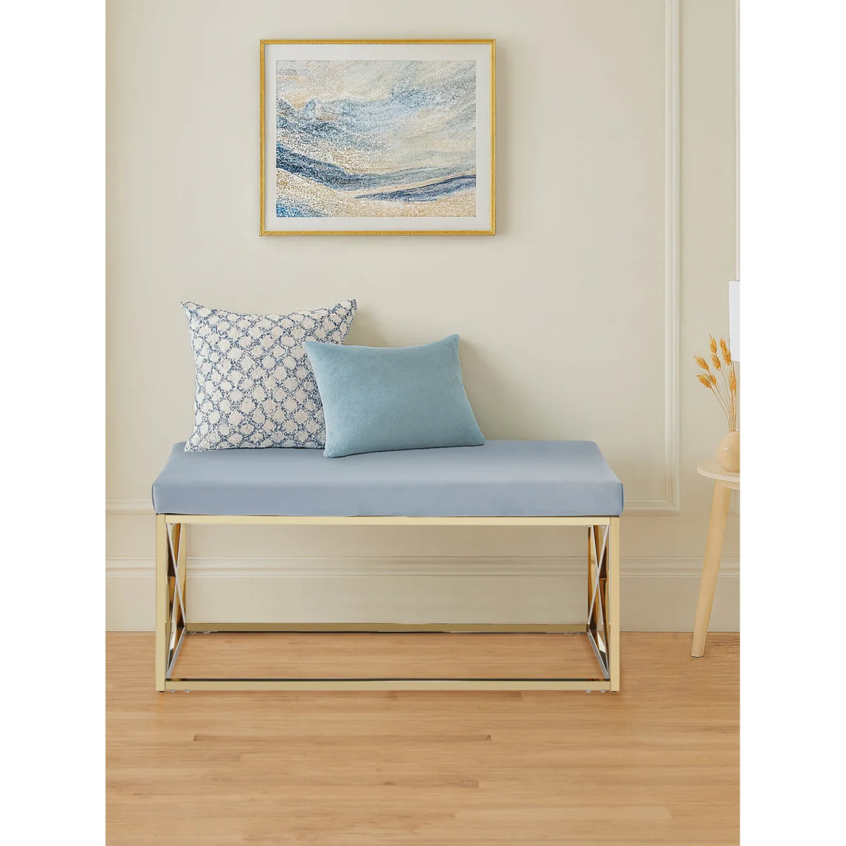 Allure Powder Blue Velvet And Gold Bench - Gold, Blue – image 2