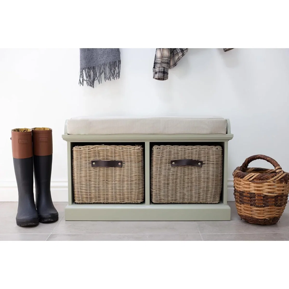 Tetbury Bench with 2 Washable Rattan Baskets - Sage Green
