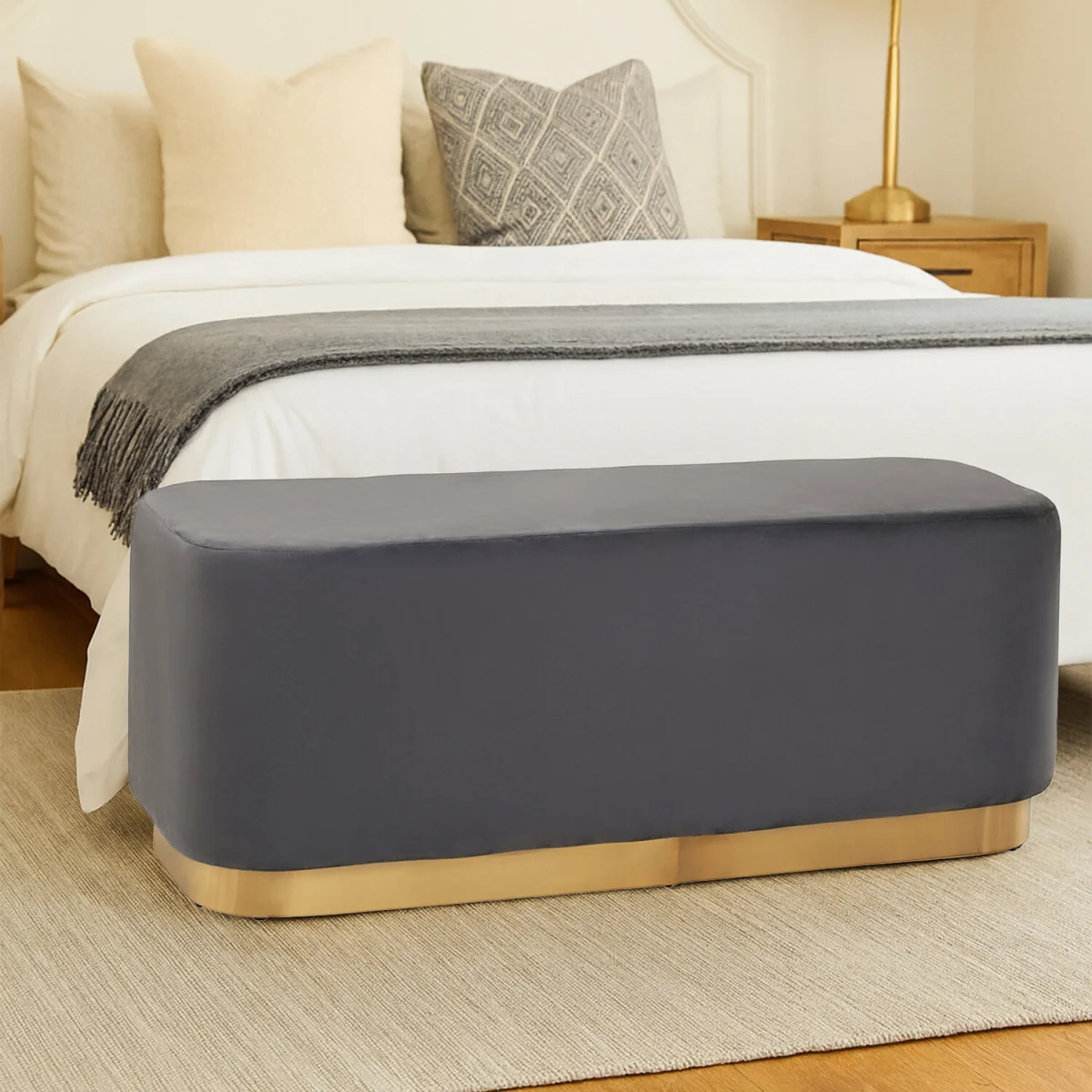 Hartford Grey Velvet Bench with Matte Gold Base - Grey – image 1
