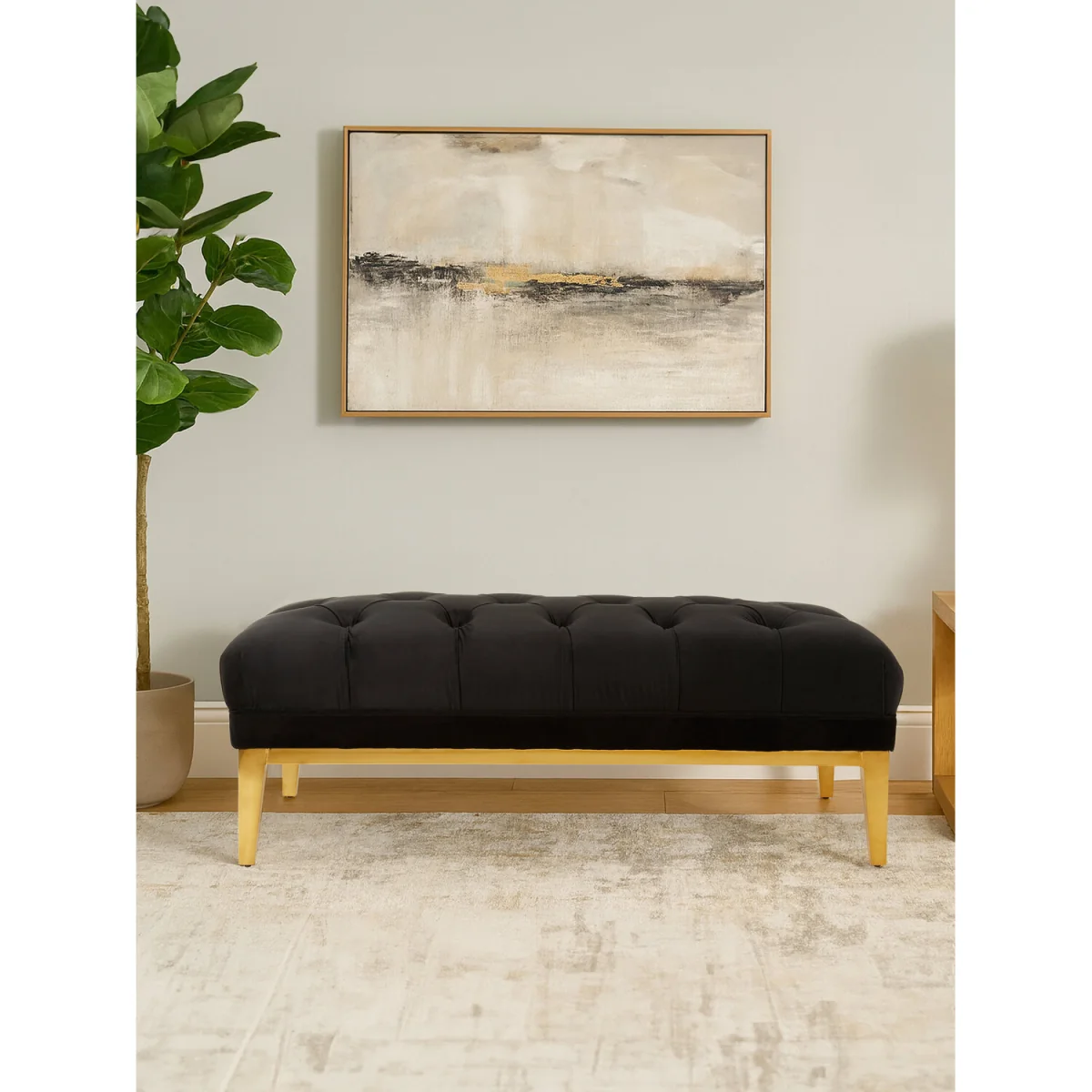 Piermount Black Velvet Button Tufted Bench - Black, Gold – image 2