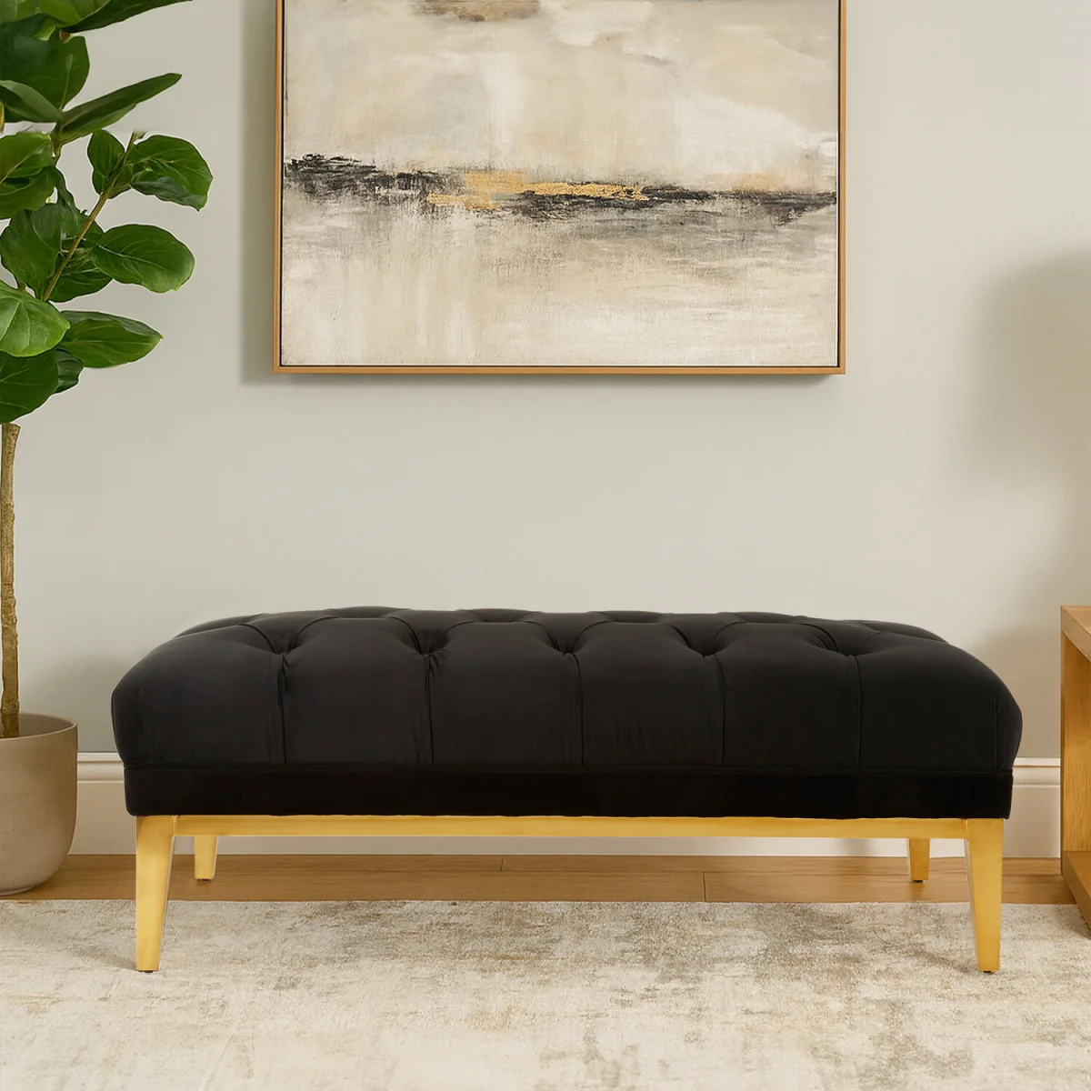Piermount Black Velvet Button Tufted Bench - Black, Gold – image 1