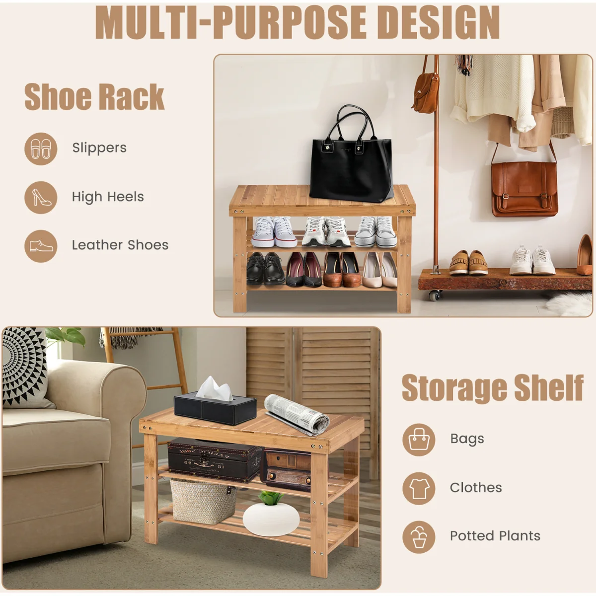 3-Tier Shoe Rack Bench Shoe Shelf Organizer - Brown – image 3