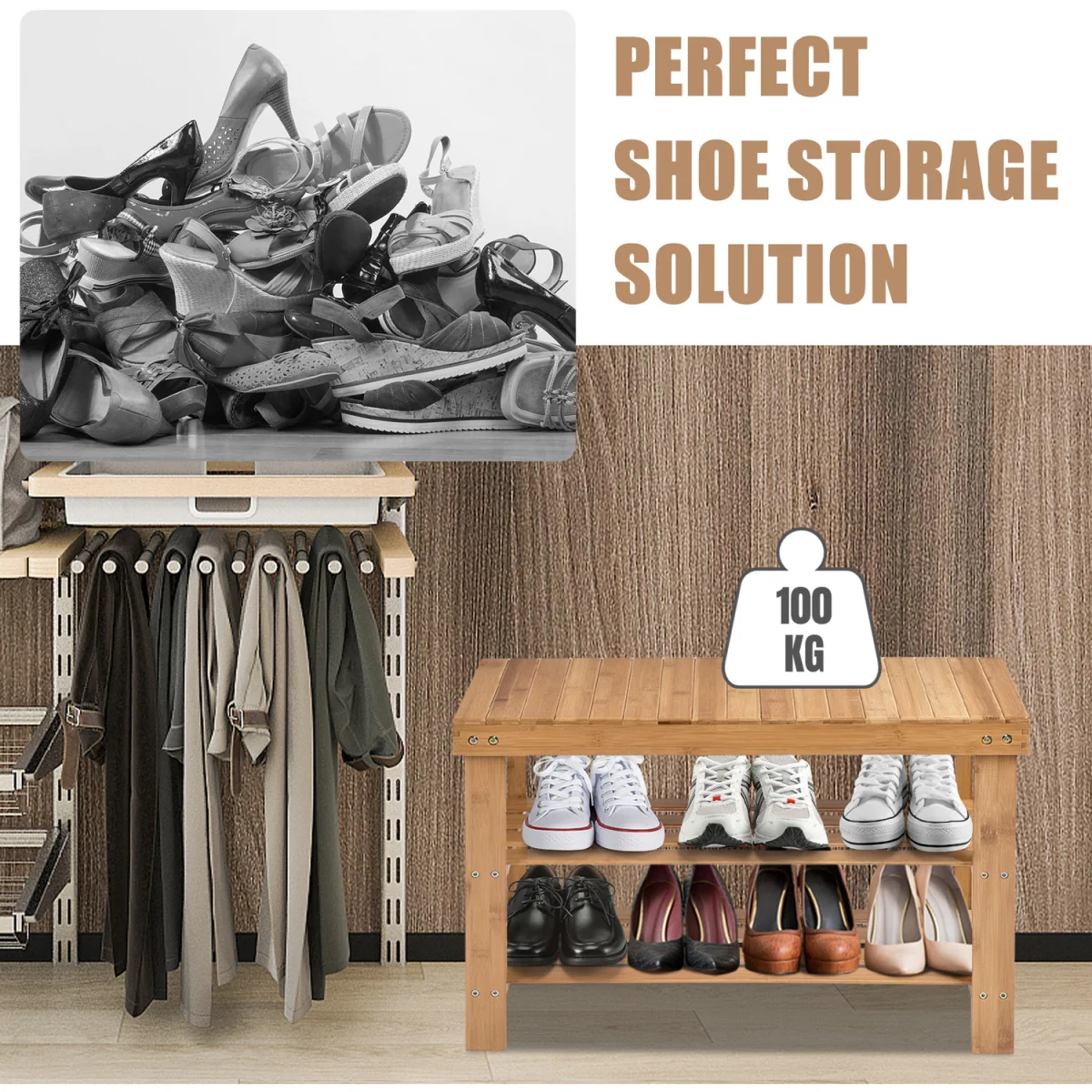 3-Tier Shoe Rack Bench Shoe Shelf Organizer - Brown – image 5