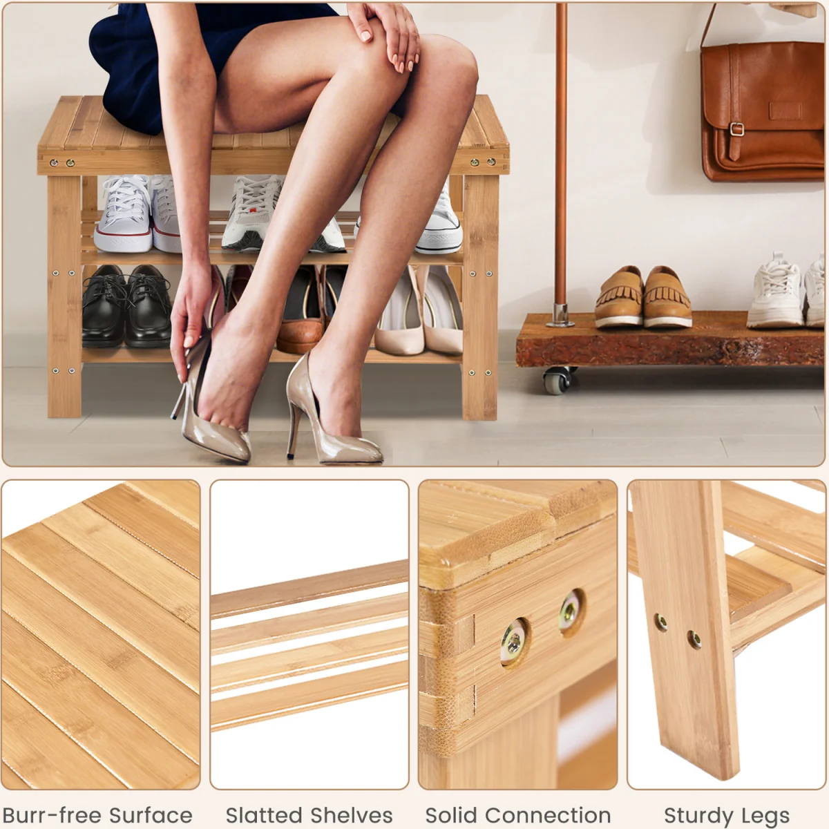 3-Tier Shoe Rack Bench Shoe Shelf Organizer - Brown – image 6
