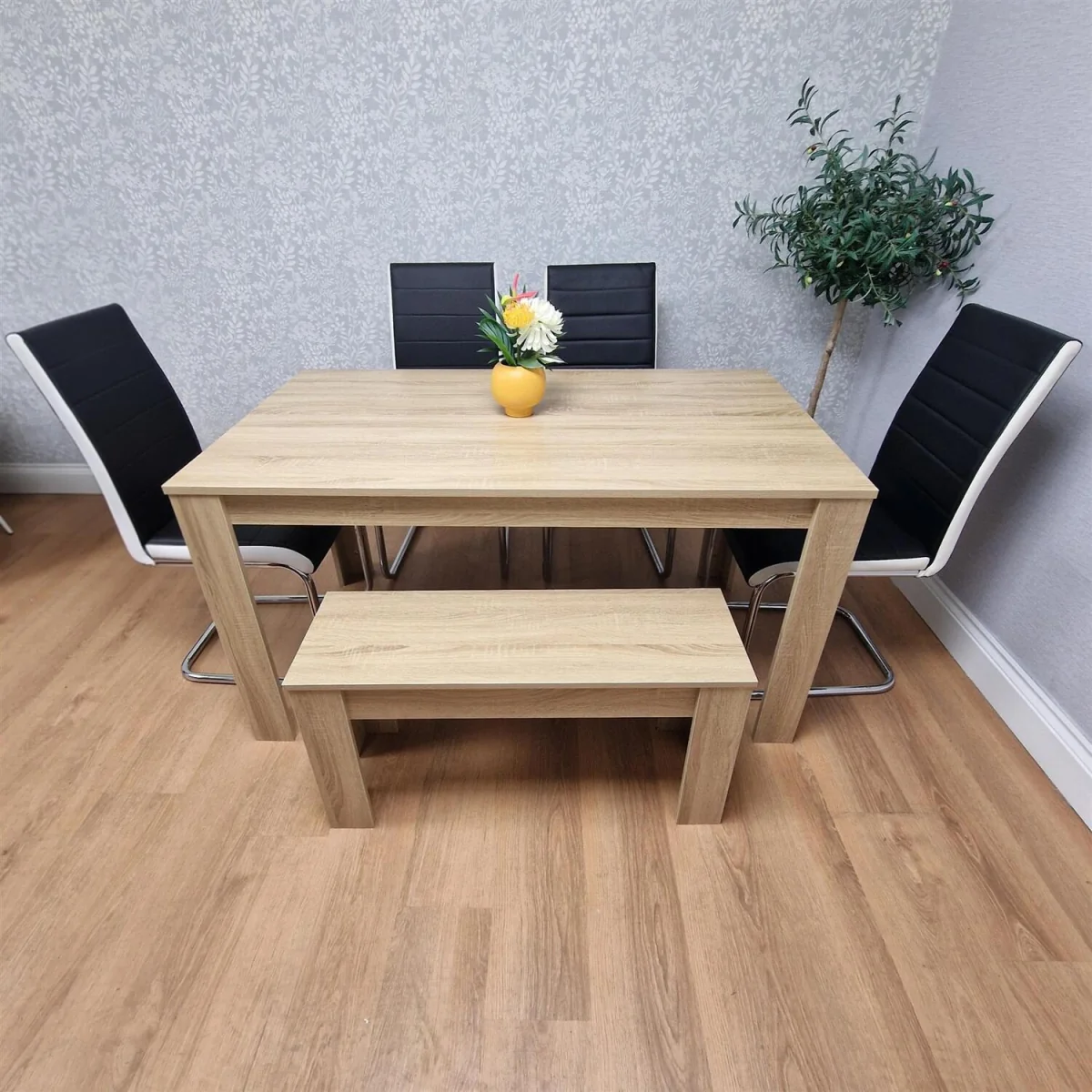 Oak Effect table and Bench with 4 Black White Stripped Faux Leather Chairs - Brown – image 2