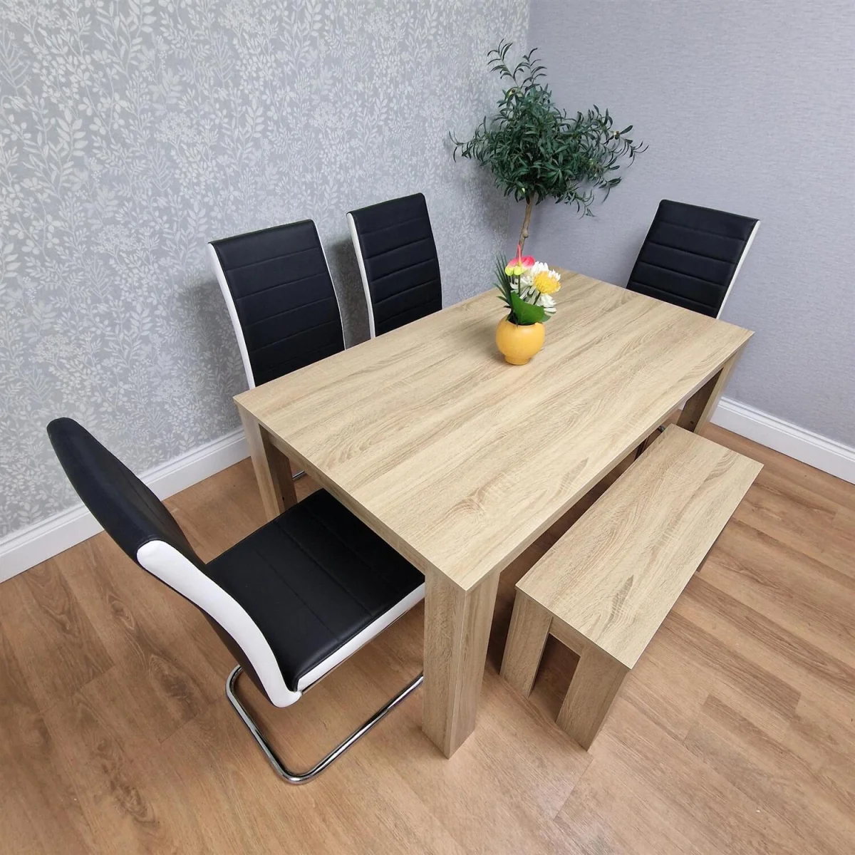 Oak Effect table and Bench with 4 Black White Stripped Faux Leather Chairs - Brown – image 3