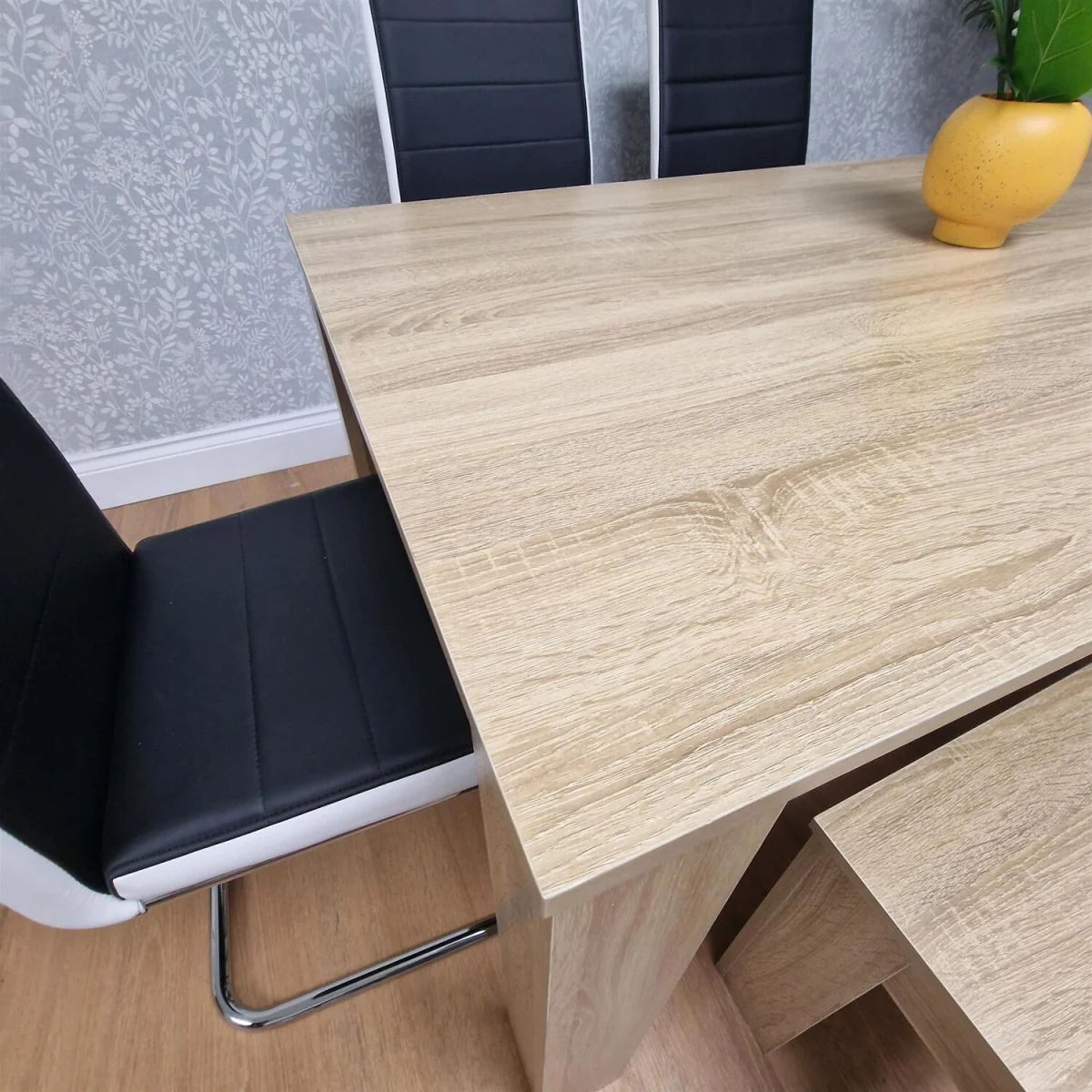 Oak Effect table and Bench with 4 Black White Stripped Faux Leather Chairs - Brown – image 4