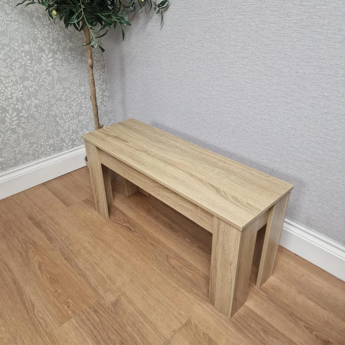Oak Effect table and Bench with 4 Black White Stripped Faux Leather Chairs - Brown – image 5