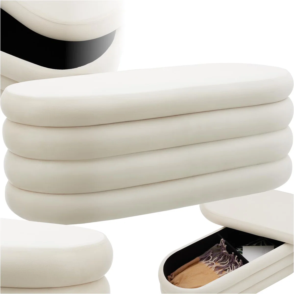 Bench Altu, Padded, Hallway Storage Ottoman - Velvet Look Cream-White