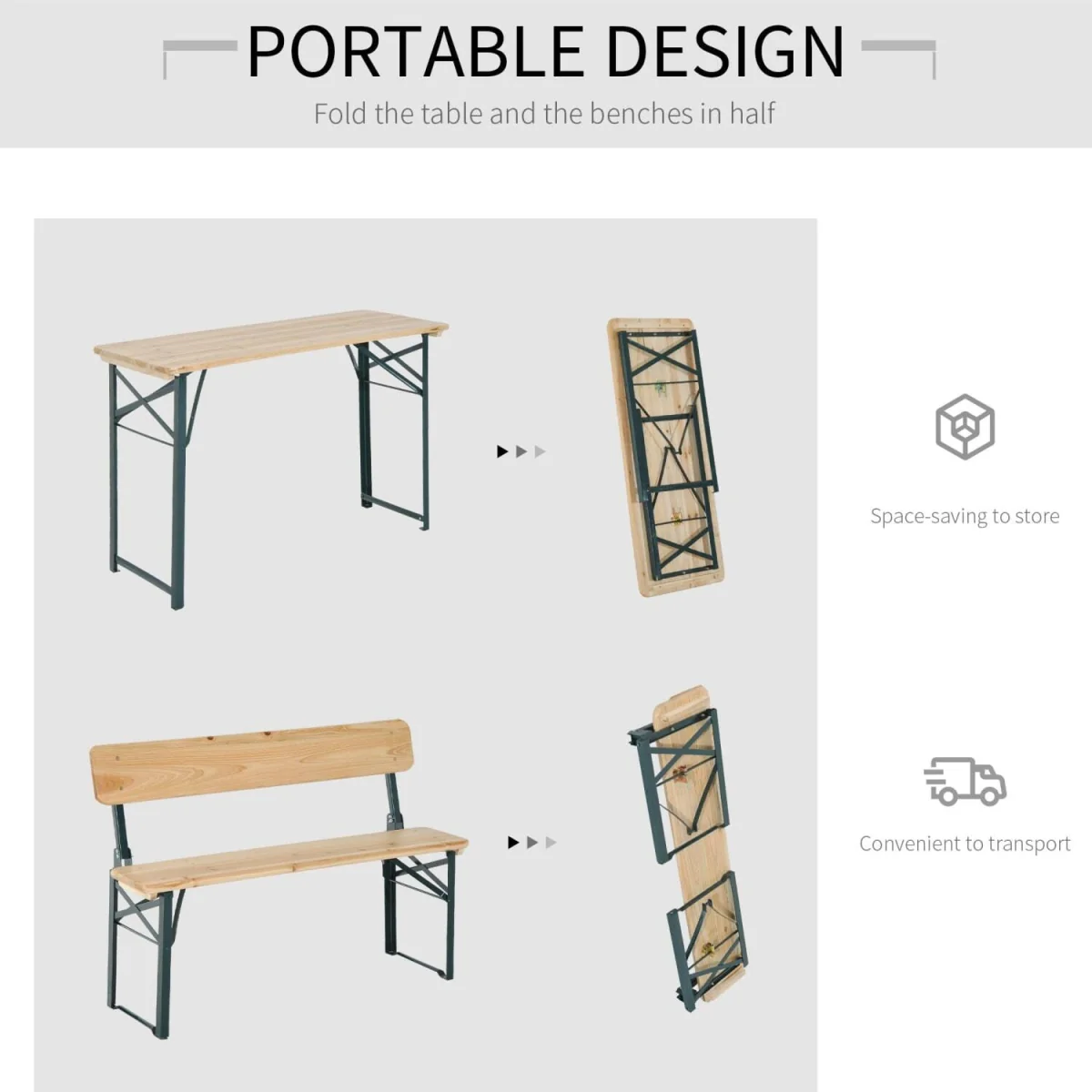 Mamoni Wood Natural Portable Folding Picnic Table With 2 Benches – image 2