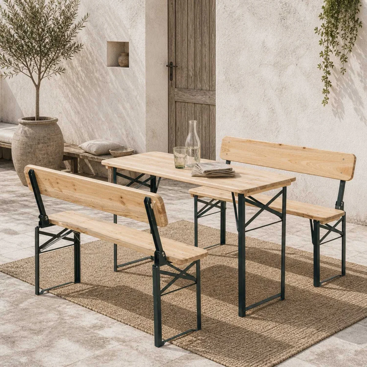 Mamoni Wood Natural Portable Folding Picnic Table With 2 Benches – image 1