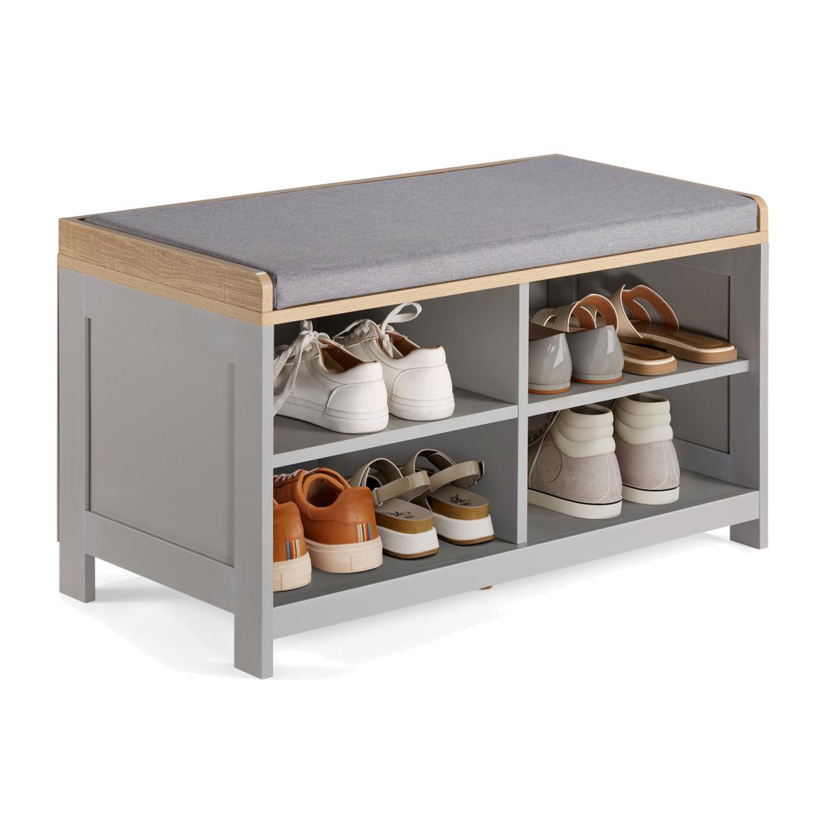 Shoe Storage Bench with Padded Seat and 4 Open Storage Shelves - Grey / Melamine