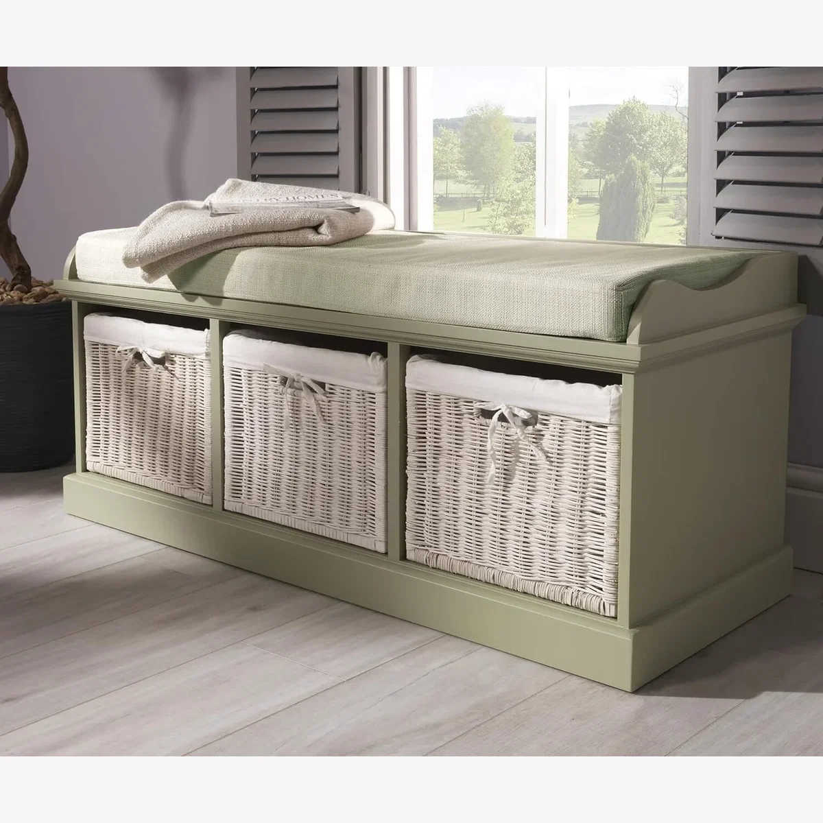 Tetbury Bench with 3 White Rattan Baskets - Sage Green