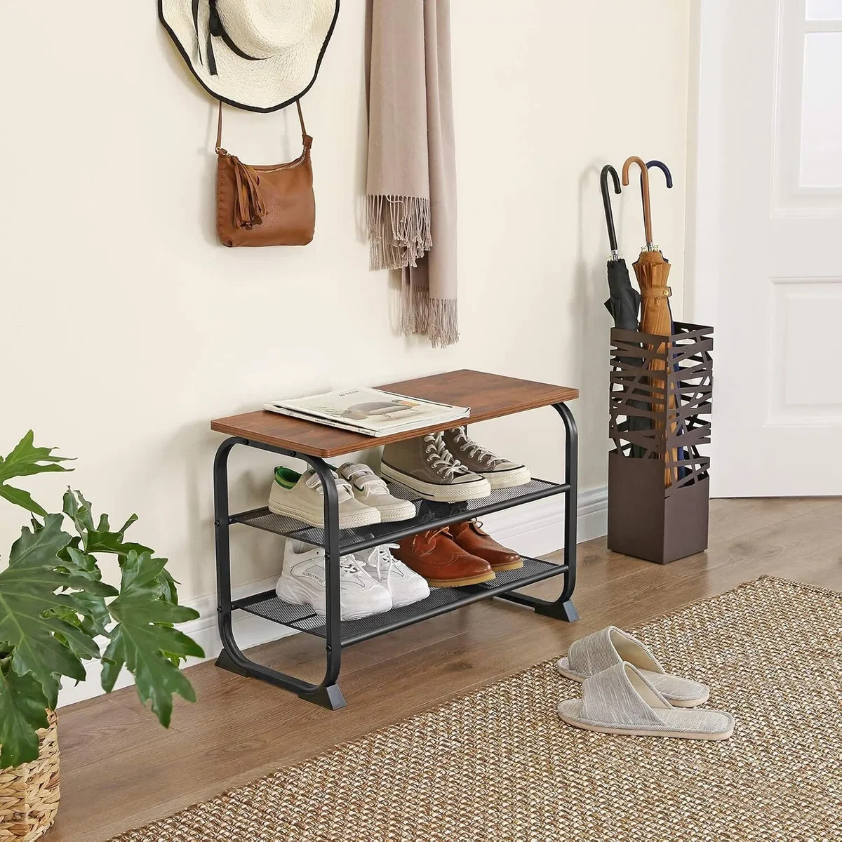 VASAGLE Industrial Shoe Bench with 2 Mesh Shelves - Brown – image 3