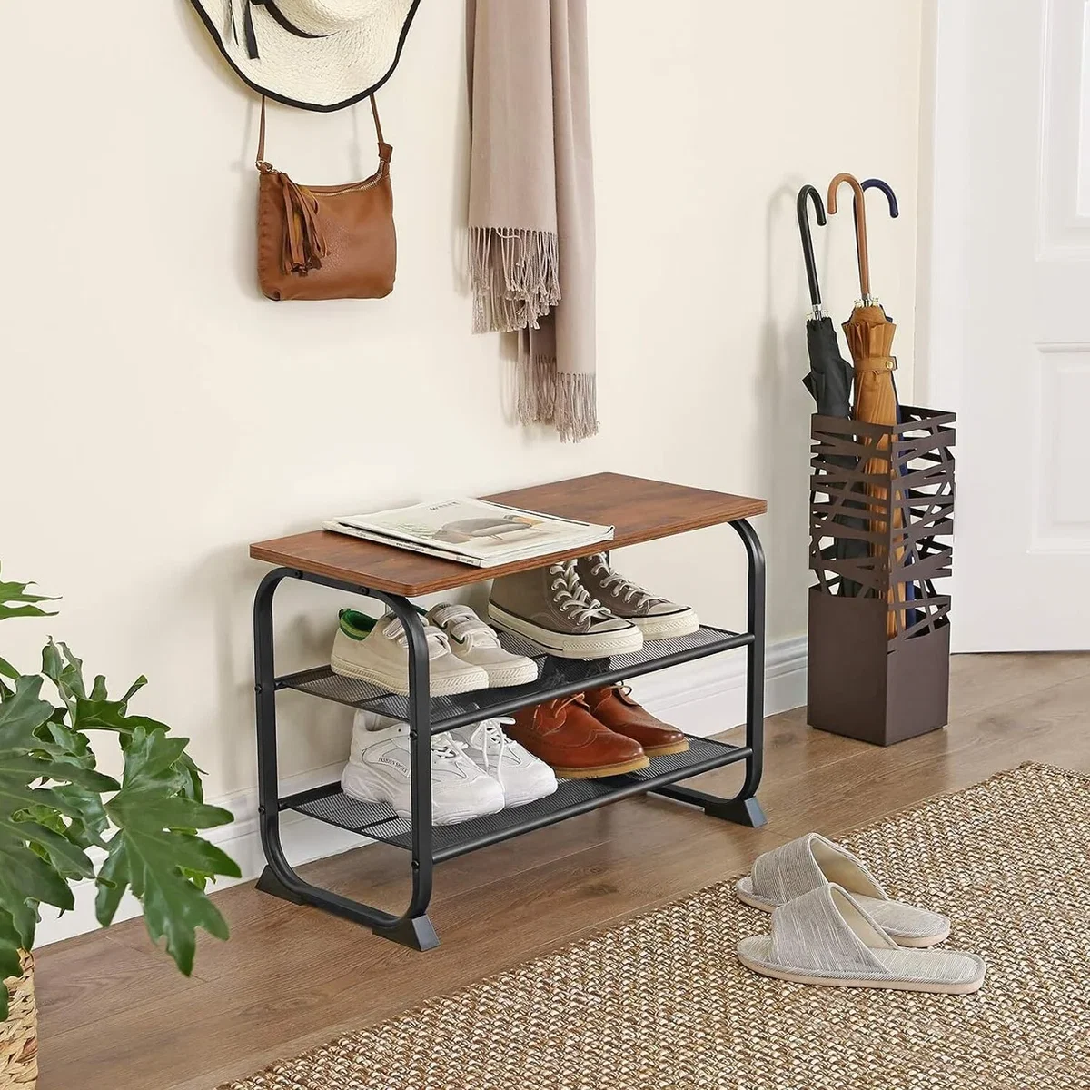 VASAGLE Industrial Shoe Bench with 2 Mesh Shelves - Brown – image 4