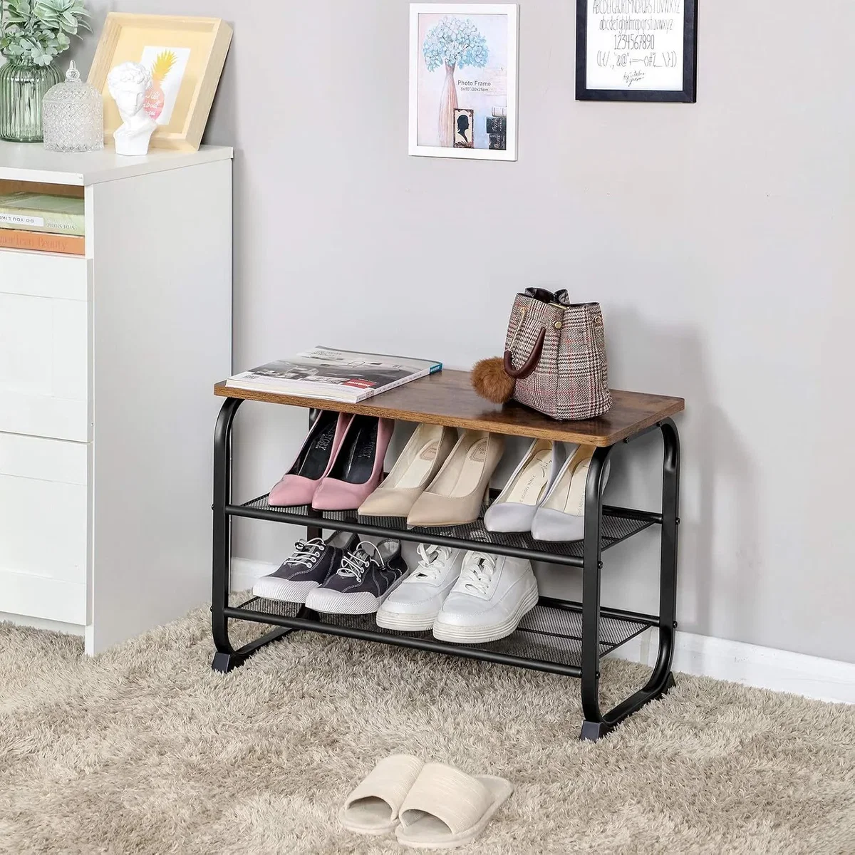 VASAGLE Industrial Shoe Bench with 2 Mesh Shelves - Brown – image 6