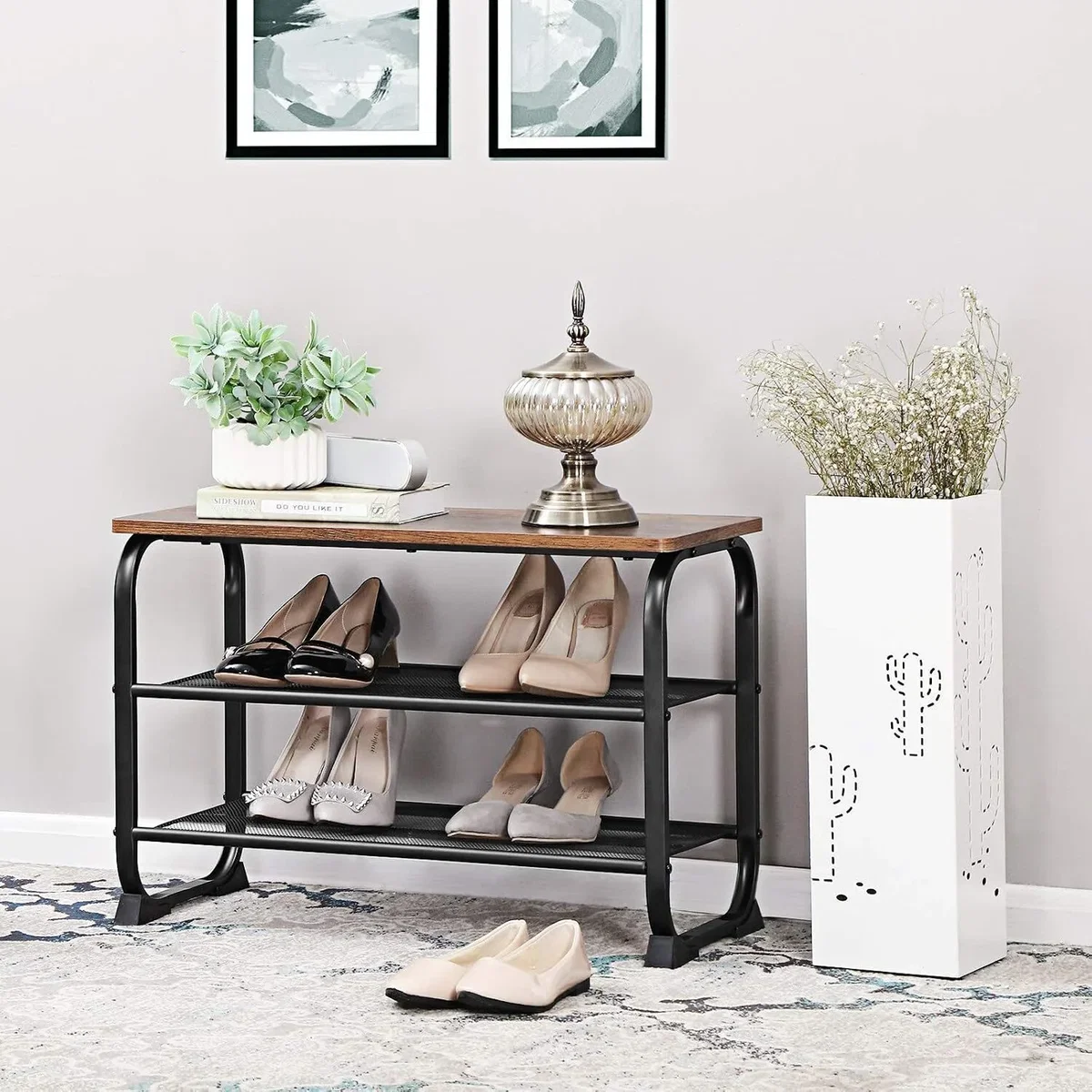 VASAGLE Industrial Shoe Bench with 2 Mesh Shelves - Brown – image 7