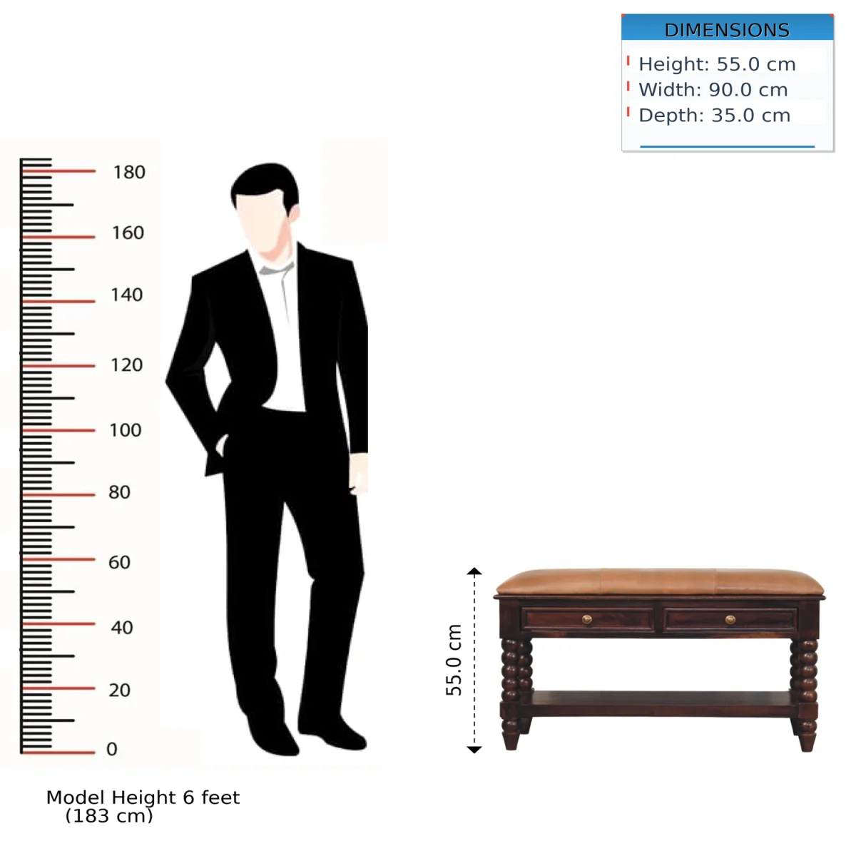 Spindle Winewood Leather Bench – image 11