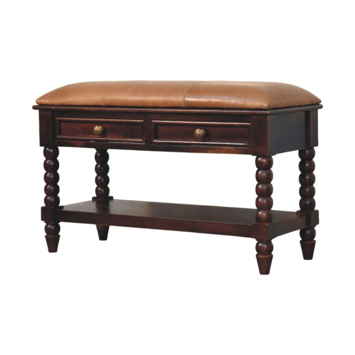 Spindle Winewood Leather Bench – image 4