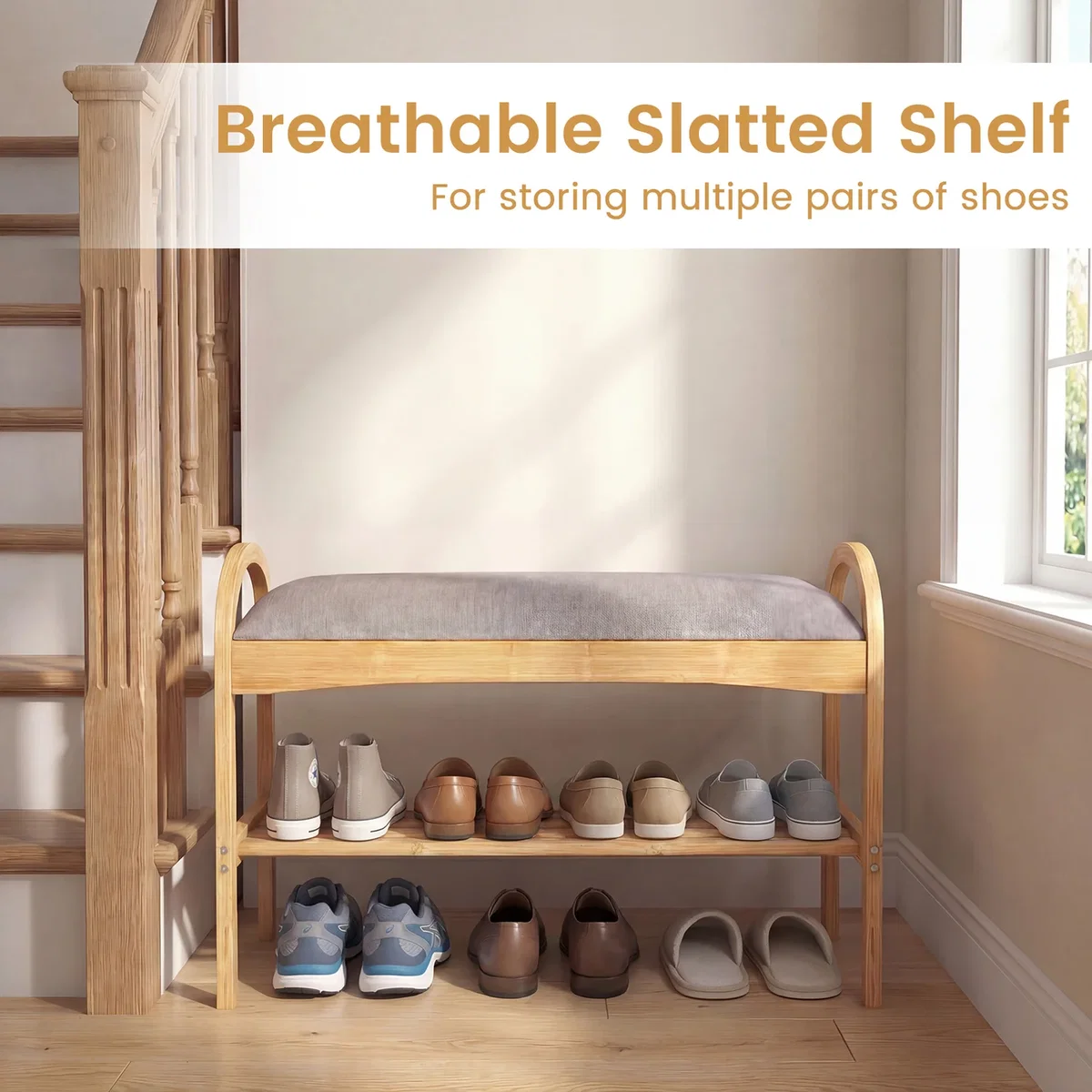 2-Tier Compact Shoe Bench Organizer for Entrance - Grey – image 2