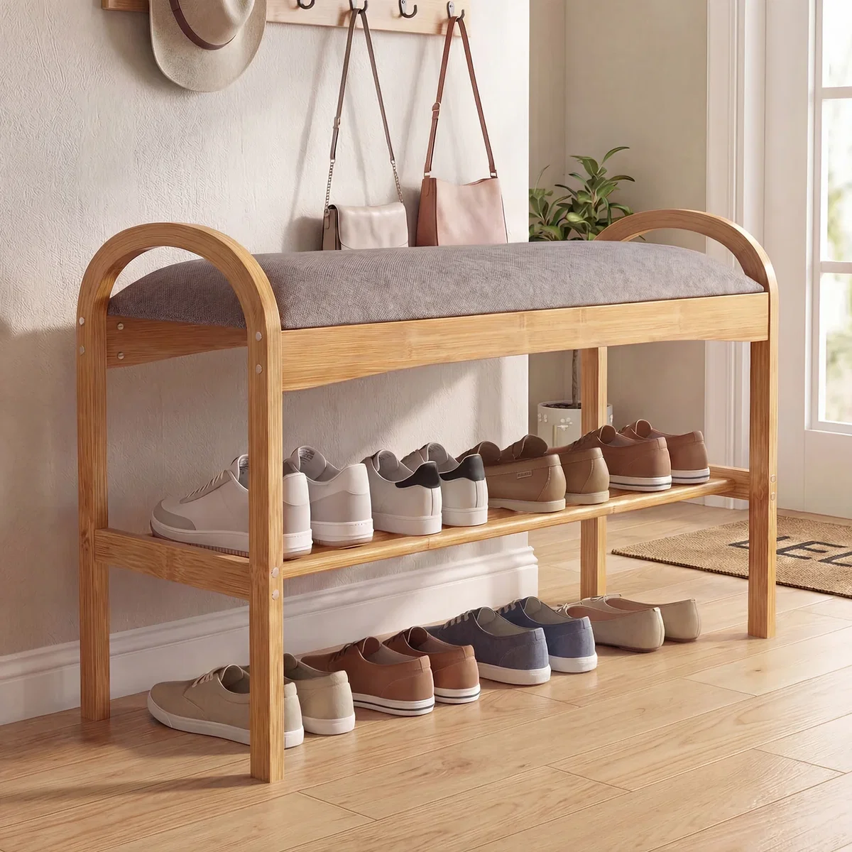 2-Tier Compact Shoe Bench Organizer for Entrance - Grey – image 7