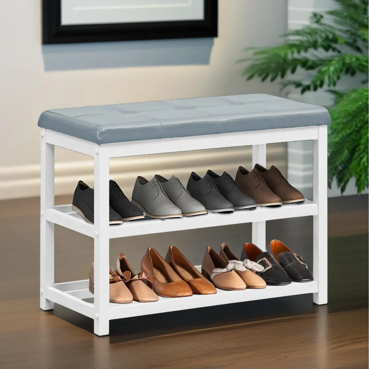 Wooden 2 Tier Shoe Rack Bench - Grey – image 3