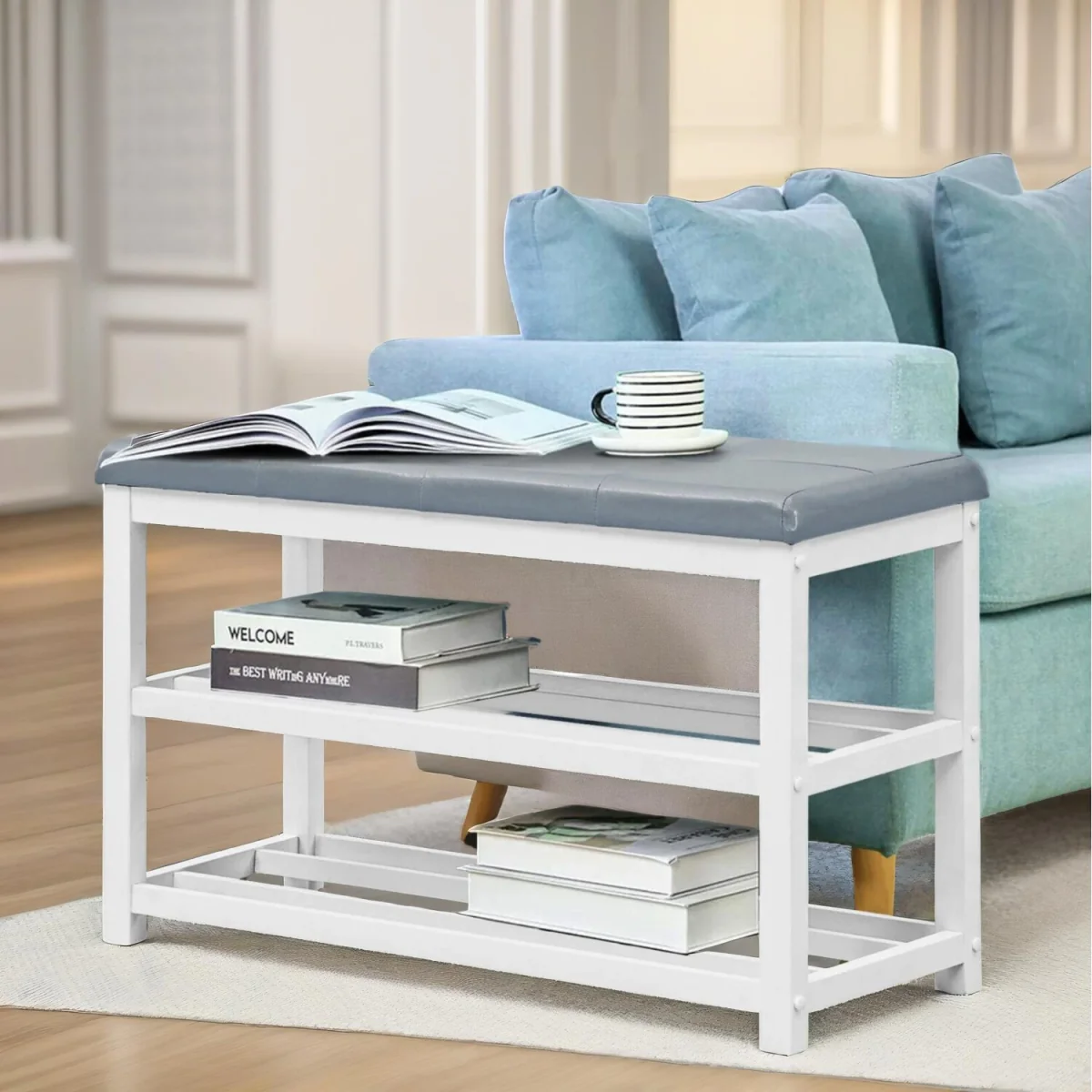 Wooden 2 Tier Shoe Rack Bench - Grey – image 6